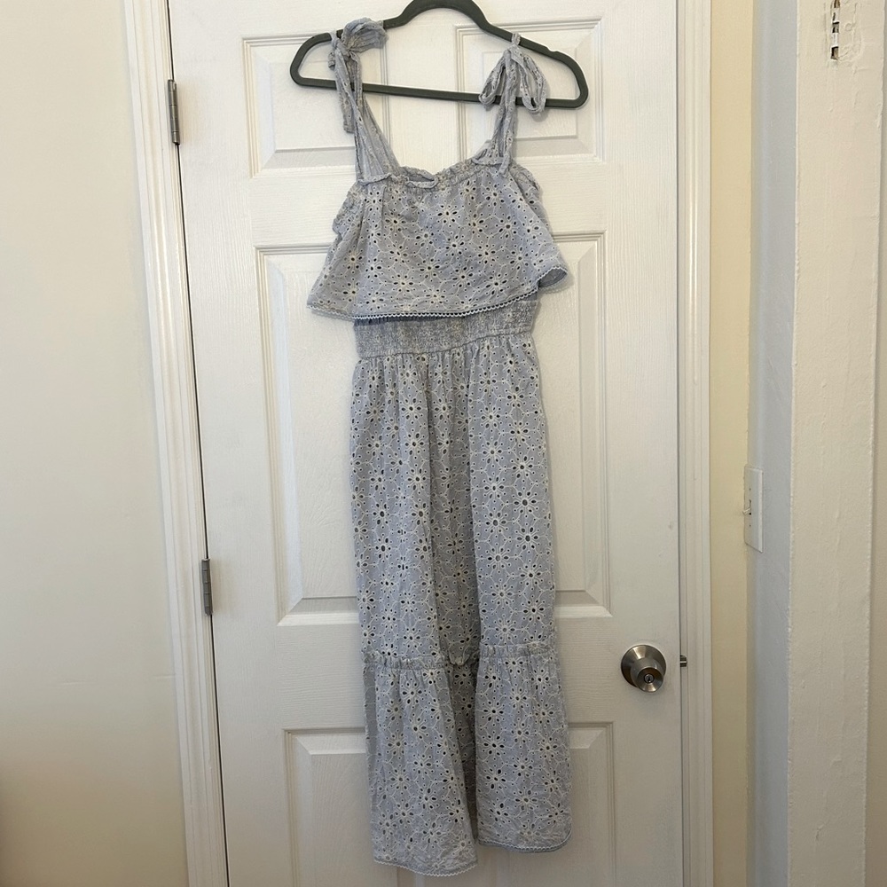 Blue and white eyelet midi dress